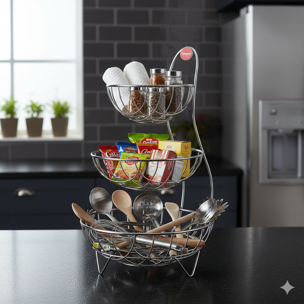 Elegant 3-Tier Chrome Steel Fruit & Vegetable Basket Stand