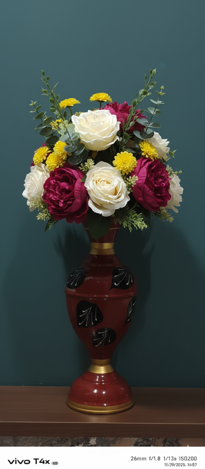 Ornate Enameled Vases (16-Inch)Deep Red (with gold accents), saturated Bright Blue, and lively Lime Green , Without flower.