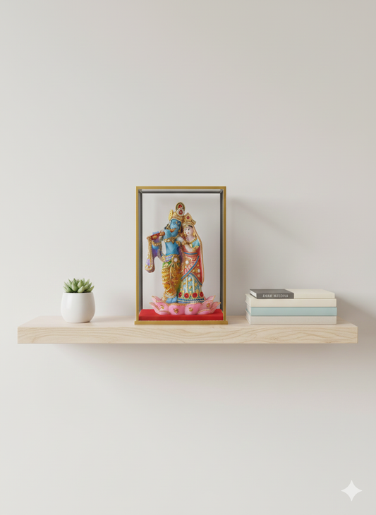 Exquisite Radha Krishna Idol in Gold-Trimmed Acrylic Display Case