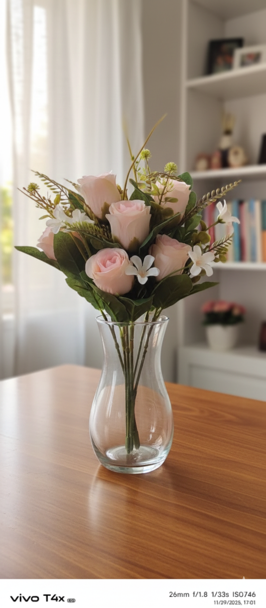 Pink Rose Artificial Flower Bunch Soft Petals, Sunlight Glow