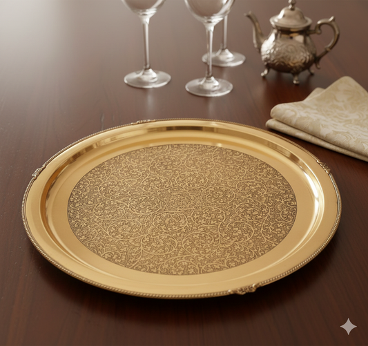12" Shining Beautiful Flower Design Brass Plate Thali - Dinnerware Decorative Gift Item Tableware