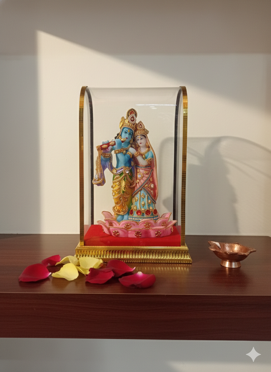 Exquisite Radha Krishna Idol in Gold-Trimmed Acrylic Display Case