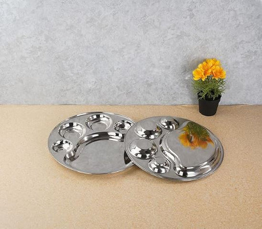 Stainless Steel Round New Dinner Plate w/ 5 Sections Divided Mess Trays for Kids Lunch, Camping, Events & Every Day Use Kitchenware