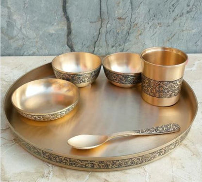 Bronze Dinner Set Etching Design, Pure Kansa Thali Set