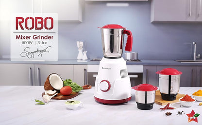 Wonderchef Robo Mixer Grinder | 3 Jars for Blending, Dry Grinding, Chutney Grinding | Low Friction | Low Noise | Conserves Power | Grind Masalas, Nuts, Coconut to Fruits/Vegetables 500 Watt White