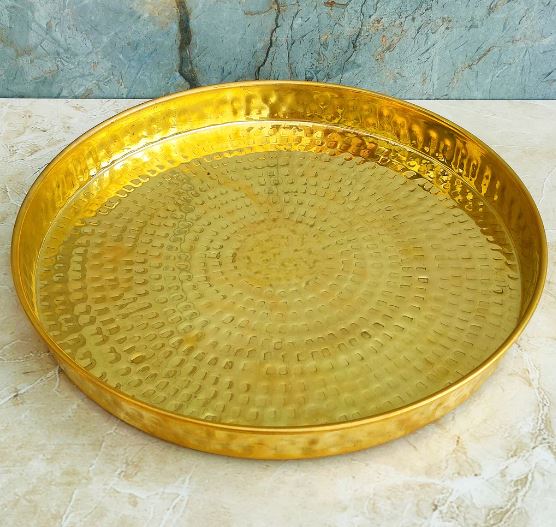 Brass Plate Thali, Dish Hammered Design, Heavyweight Thali