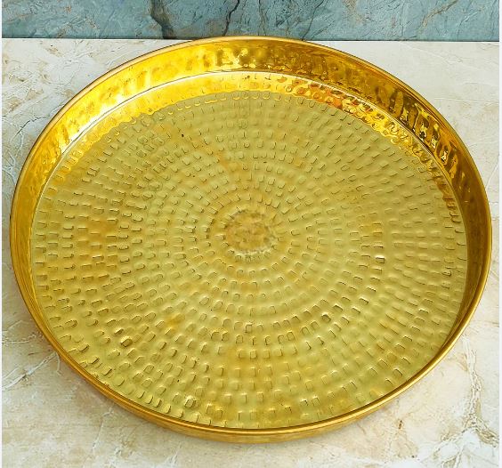 Brass Plate Thali, Dish Hammered Design, Heavyweight Thali