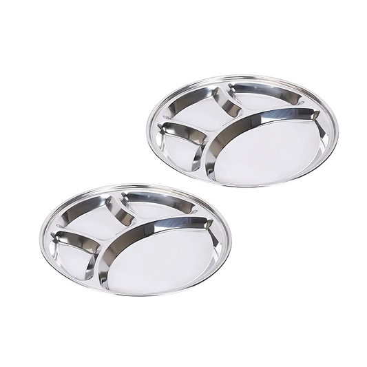 Stainless Steel Round 4 in 1 Compartment Lunch/Dinner Plate Silver Small & Large